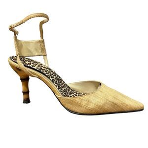 Vintage Ann Marino Ankle Strap Pointed Toe Raffia Bamboo Slingback Kitten Heel